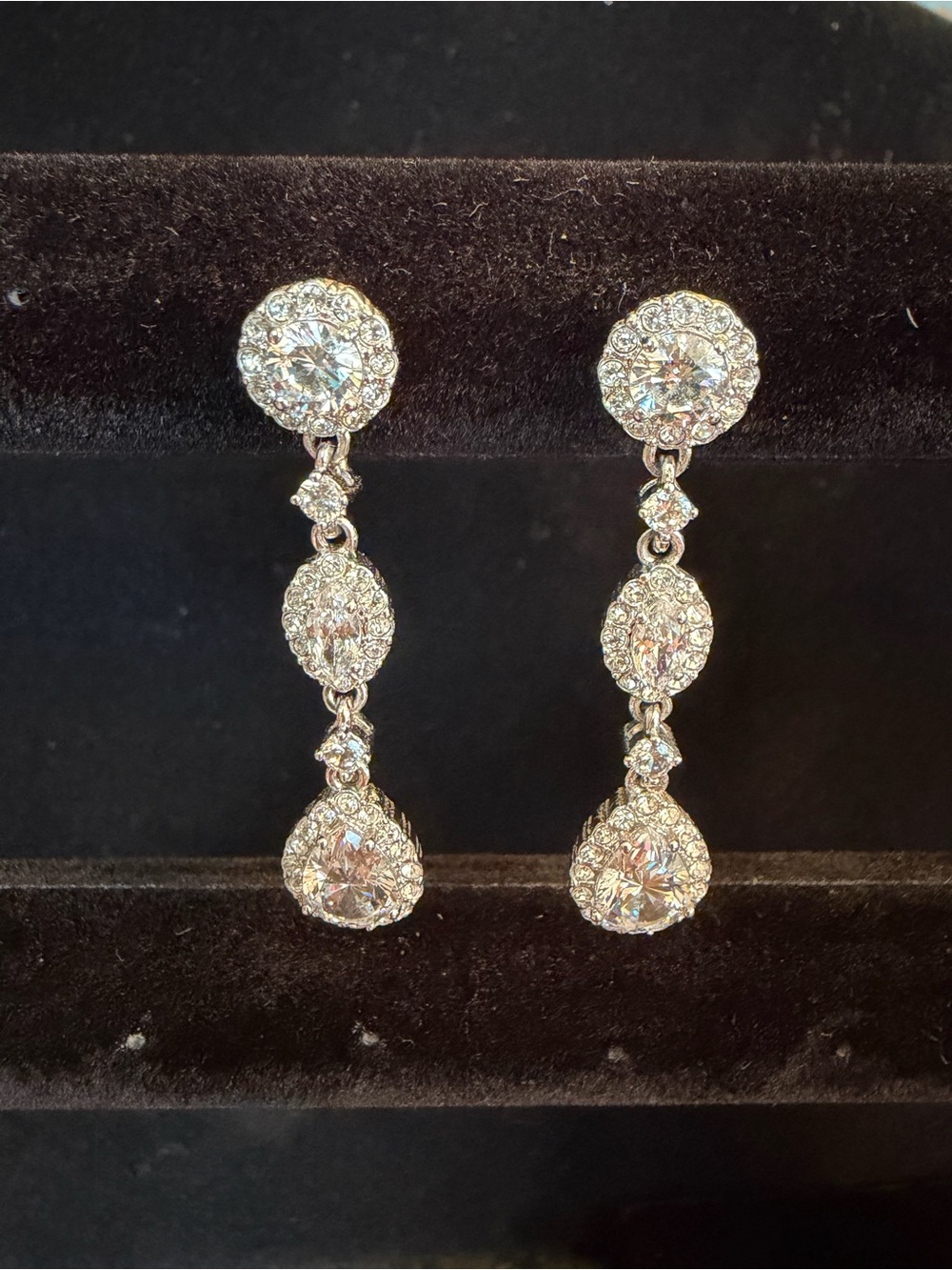 Vintage Rhinestone Drop Earrings Triple Halo Earrings Silver Tone Bridal Wedding